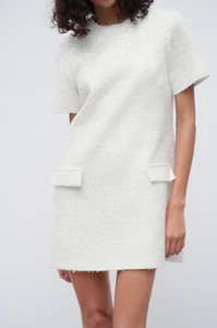 Zara White Textured Woven Mini Dress with Sequins Size L Smart Styling Chic - Picture 1 of 8