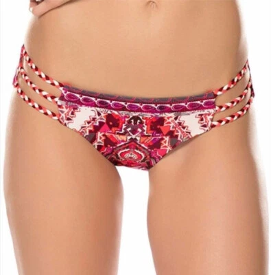 NUEVO CON ETIQUETAS PANTALONES DE BIKINI BECCA "SEYCHELLES" ROSA ROJO PAISLEY BOHO CORREAS TRENZADAS XS Foto 1 de 4
