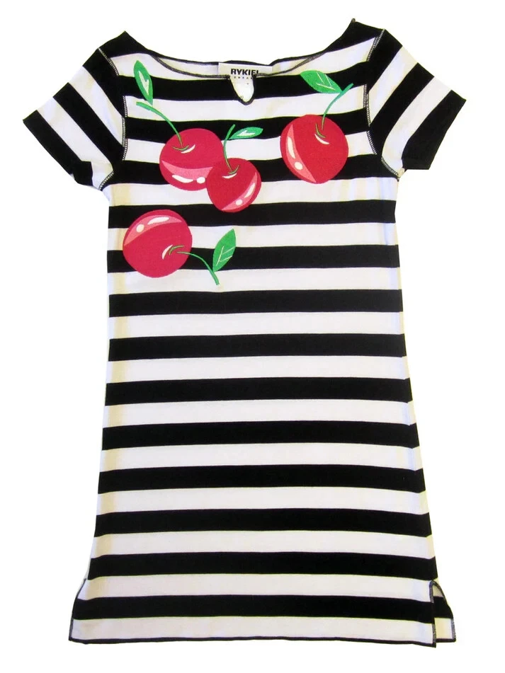 Sonia Rykiel Niño 14 Niñas Negro Blanco Rayas Camiseta Vestido Apliques Cereza Foto 1 de 4