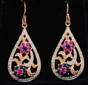 E052 Large Genuine 9K 9ct Rose Gold NATURAL Diamond, Ruby & Sapphire Earrings - Picture 1 of 4