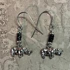 Silver Tone Rhinoceros Charm/Czech Black Picasso Beaded Dangle Earrings.  S299