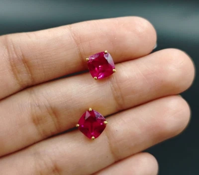 Regalo Para Ella 6mm Cojín Simulado Rubí Empuje hacia atrás Pendiente Plata 925 Foto 1 de 4