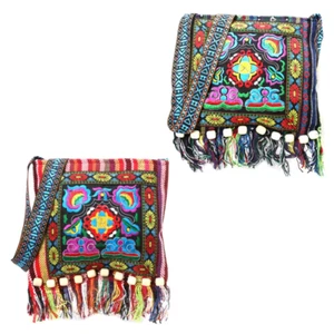 Womens Embroidered Crossbody Shoulder Bag Zipper Tassel Beads Hippie - Picture 1 of 17