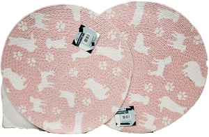 2 Round Braided Cotton Placemats (14") WHITE DOGS & PAWPRINTS ON PINK BLUSH, HL - Picture 1 of 10