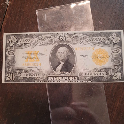 US 1922 $20 Gold Certificate  VF-XF  FR 1187 Cover