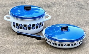 Vtg MCM Enameled Pot & Skillet, Austria Email Universal, 1970's Peacock Feather - Picture 1 of 12