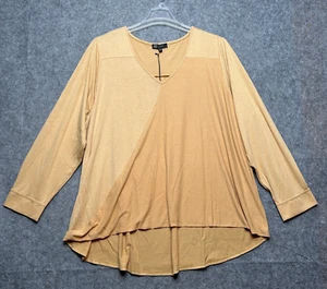 Diane Gilman Blouse Womens 3X Tan Gold Two Tone Faux Wrap Tunic Button Cuffs - Picture 1 of 14