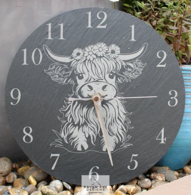 Welsh Slate Engraved Wall Clock 'Highland Cow' Battery Included - Image 1 of 4