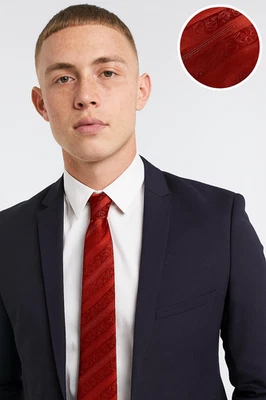 FASHION HABITAT Mens Tie in Satin Stripe Classic Silver Thread Necktie Red Paisley Formal Work