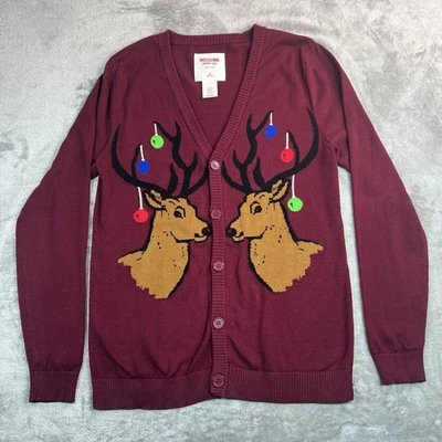 Mossimo 毛衣成人小号勃艮第驯鹿新奇丑陋圣诞开衫 — 第 1/4 张图片