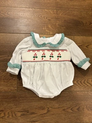Stitchy Fish Smocked Candy Cane Romper - Outfit Girls 3 Months Christmas Smocked - Image 1 of 4