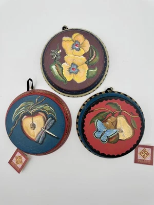 Vtg Tracy Porter Wooden Plaques Set of 3 Hand Painted Fruit Floral Bugs '97 - Image 1 of 4