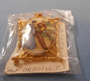 Vintage Kunst Arthur Pepper orientalisch asiatisch Geisha Kamee Porzellan Bambus Anstecknadel Brosche - Bild 1 von 2