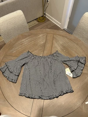 Blusa para mujer Meraki blanca y negra a cuadros con guinga fuera del hombro, talla L nueva con etiquetas Foto 1 de 4