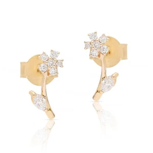 Aretes finos Jewe de oro de 14 quilates con diseño floral de hoja de diamante creados en laboratorio de 0,20 quilates - Imagen 1 de 6