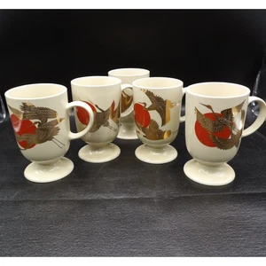 Vintage Set of 5 Cream Pedestal Coffee Mugs – Gold Crane & Red Sun Asian Design - Picture 1 of 10