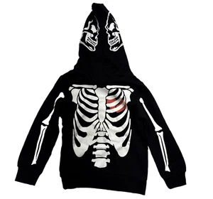 Kids Skeleton Bones Hoodie 4T Halloween Glow in Dark Sweatshirt w/ hood Mask - Picture 1 of 9