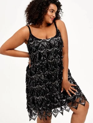 Womens Torrid MINI SEQUIN FRINGE DRESS Black and Silver Size 4  - Image 1 of 3