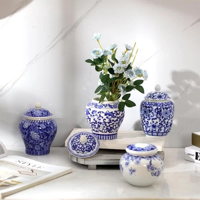 Pequeños frascos de cerámica azul y blanco de jengibre azul chinoiserie decoración jarrones porcelana... Foto 1 de 4