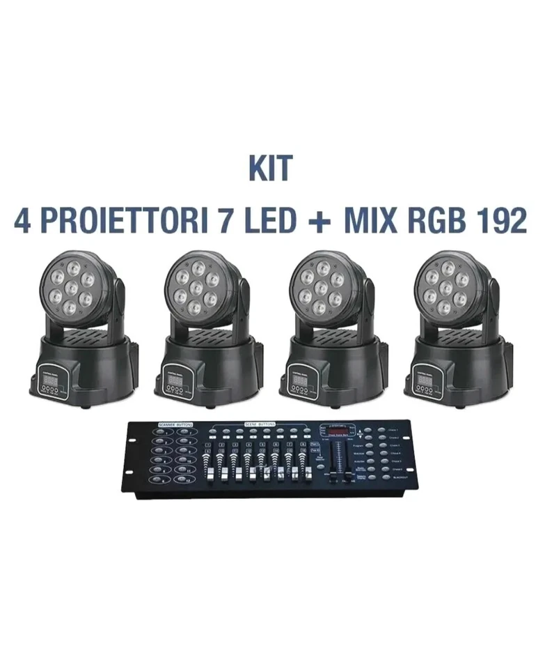 KIT 1 MIXER RGB DMX 192 + 4 PROIETTORE LED RGB TESTA MOBILE ROTAN. 7 LED WASH  - Immagine 1 di 1