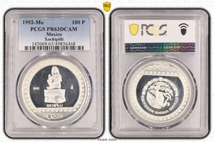 MEXICO SILVER 100 PESO PROOF COIN 1992 YEAR KM#562 XOCHIPILLI PCGS PR63 - Picture 1 of 1