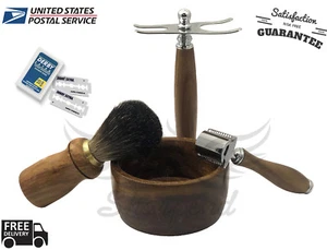4 Piece Shaving Set |Brown Brush Badger & Wood Safety | Top Mens Gift Kit USA - Picture 1 of 8