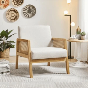 Fabric Upholstered Accent Chair with Rattan Sides for Living Room Bedroom Lounge - Picture 1 of 8