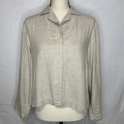Eileen Fisher Tan One-Button Shirt Jacket Linen Rayon Blend Size Petite Small PS - Image 1 of 4