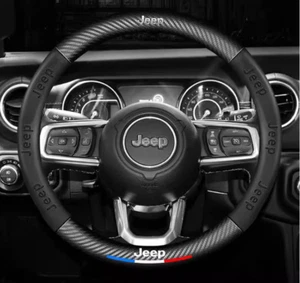 15" PU Leather+Carbon fiber Steering Wheel Cover For 1943-2025 jeep All Cars - Picture 1 of 13