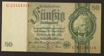 50 REICHSMARK GERMANY REICHSBANKNOTE 1933 (XF) N413 - Image 1 of 3