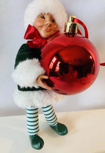 Byers Choice Kindles Elf w/ Red Ball Ornament Green Stripe Pants Christmas Decor - Picture 1 of 5