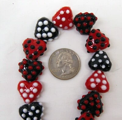 2 Strand Heart Beads w/ Polka Dots  Approx 50 beads Black + Red 18mm Smooth back - Image 1 of 4
