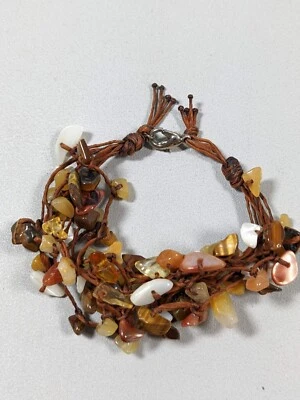 棕色玻璃石白色贝壳绳部落风格手链 6.25 英寸 — 第 1/4 张图片