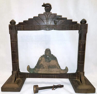 ANTIGUO GONG GIRATORIO KYEEZEE DE BRONCE BIRMANIA 17" con soporte y mazo de madera tallada original Foto 1 de 4