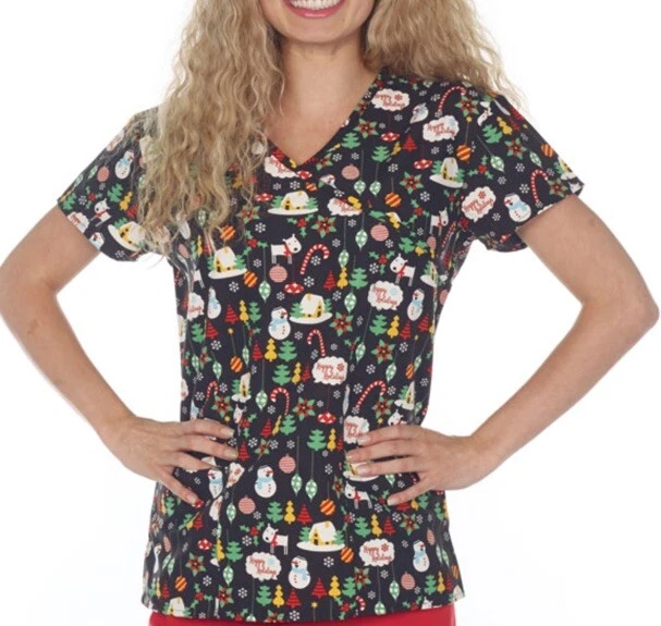 NWT Women's 3X Happy Holidays Winter Mix Print I Love Scrubs Scrub Top - Image 1 of 1