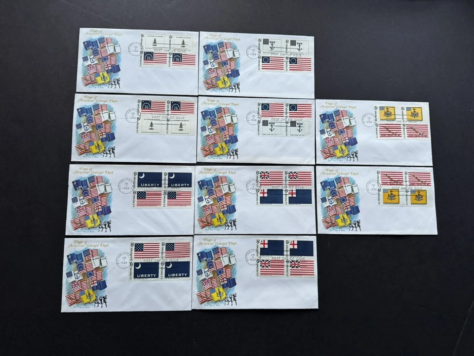 US 1968 FDC Set +Historical Flag Series #1345-54 BLK4 +10 multi-Color Cachets - Image 1 of 1