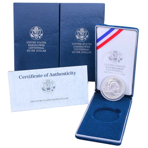 1990 W Eisenhower Centennial BU Commem 90% Silver Dollar OGP & COA Cover