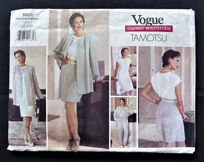 Vogue 1601 Misses Jacket-Dress-Top-Pants Tamotsu Design 1995 Pattern 12-16 Uncut - Image 1 of 3