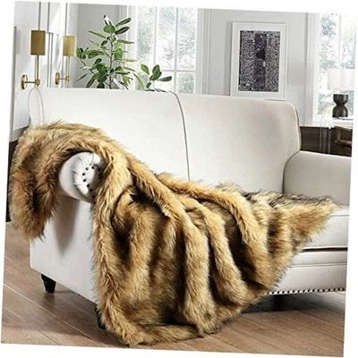 Manta de lujo de felpa de piel sintética, pila larga amarillo dorado con punta negra  Foto 1 de 4