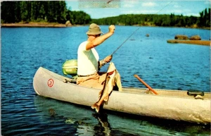 Postcard Indian River Michigan Man Fishing in Canoe Summer Scene vintage UNP - Picture 1 of 2