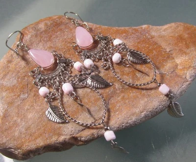 Peruvian metal ethnic pale pink glass beads drop earrings. UK shipping. - Image 1 of 3