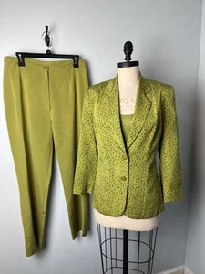 Vintage 100% Silk 90s Green Ostrich Print Lilly Rubin pants Top blazer pantsuit - Picture 1 of 18