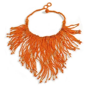 Statement Glass Bead Bib Style/ Fringe Necklace In Orange Colours - 38cm Long/ - Picture 1 of 6