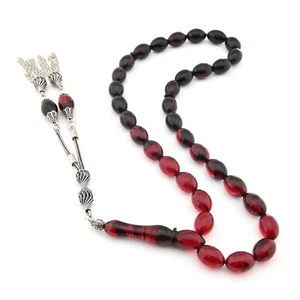 Handcrafted Tasbih 925K silver tassel pressed amber bakelite faturan 505042 - Picture 1 of 9