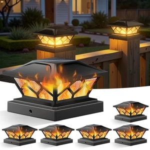 1-8x LED Solar Deck Post Cap Lights Flickering Flame Garden Landscape Fence Lamp - Picture 1 of 15