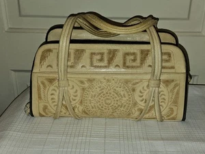Vintage Genuine Leather Tooled Shoulder Bag Purse Aztec/Floral Handmade Cream - Picture 1 of 13