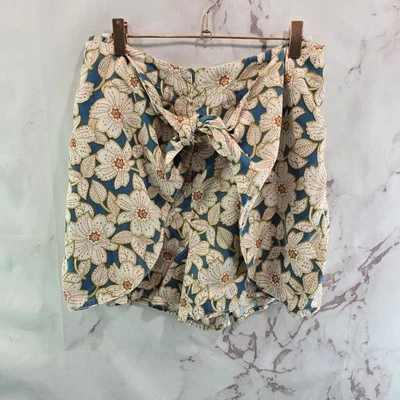 Pantalones Cortos Anthropologie Mujer Pequeños Azul Floral Verde Tiro Alto Corbata Georgina Foto 1 de 4