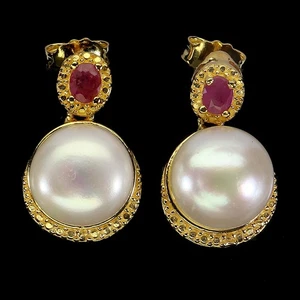 925 Sterling Silver Earrings Oval Ruby 4x3mm Pearl Natural Gemstone Jewelry - Picture 1 of 13