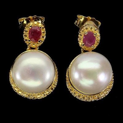 925 Sterling Silver Earrings Oval Ruby 4x3mm Pearl Natural Gemstone Jewelry - Image 1 of 4