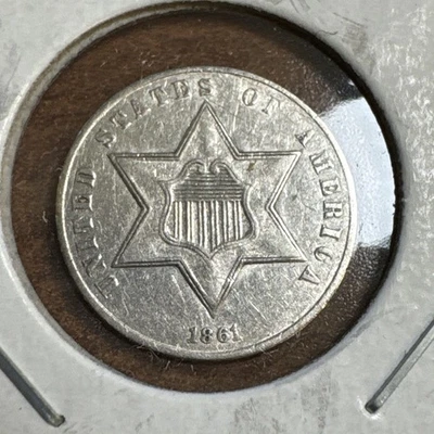 1861 Silver Three Cent Piece 3c AU ERROR Rev Rotated 180 Degrees Medal Alignment - Image 1 of 2